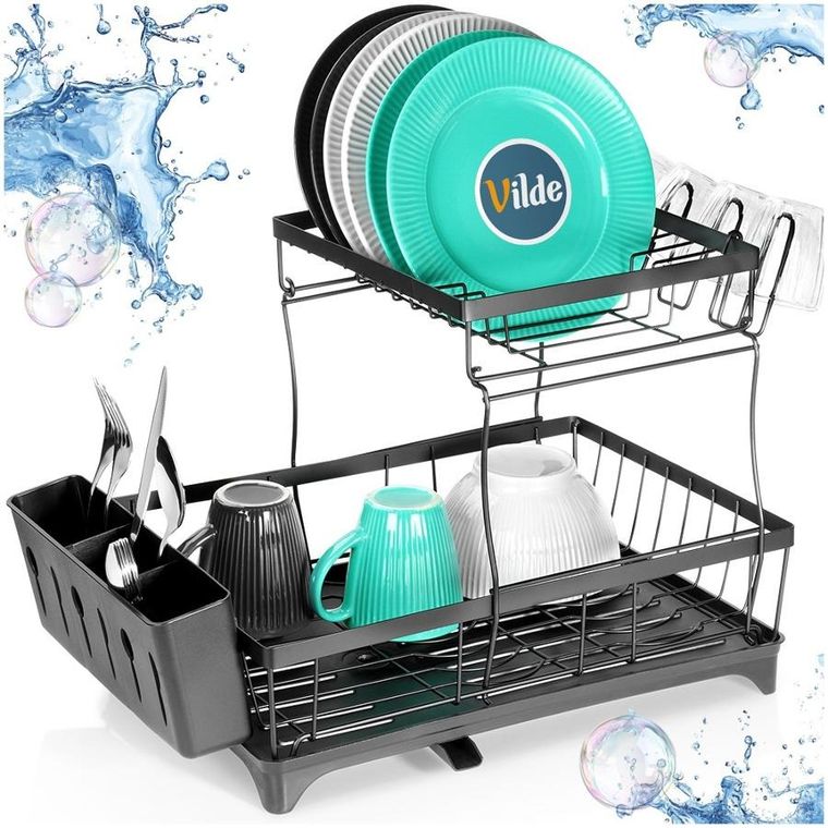 Vilde, suszarka na naczynia, metalowa, czarna, 2-poziomowa, 49,5-30-34 cm