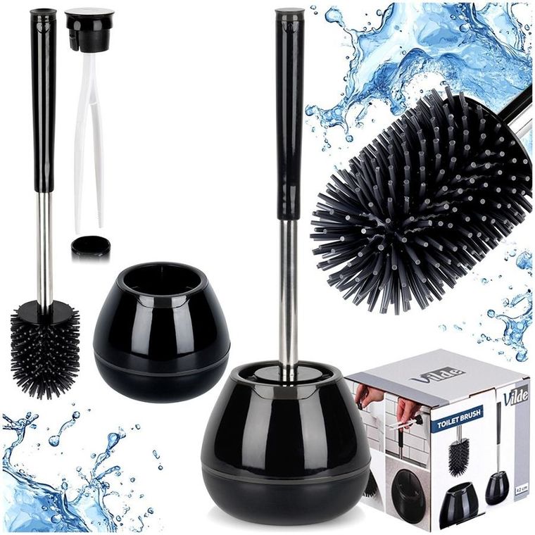 Vilde, szczotka do toalety silikonowa ze stojakiem i szczypcami, czarna, 42 cm