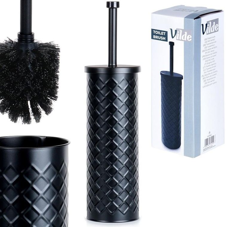 Vilde, szczotka do toalety ze stojakiem, metalowa czarna, 38-10 cm