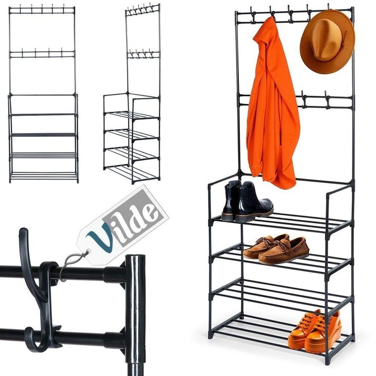 Vilde, wieszak na ubrania z regałem na buty, metalowy, czarny, 57-28-156 cm
