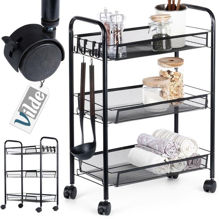 Vilde, wózek do przechowywania, metalowy czarny, 3-poziomowy