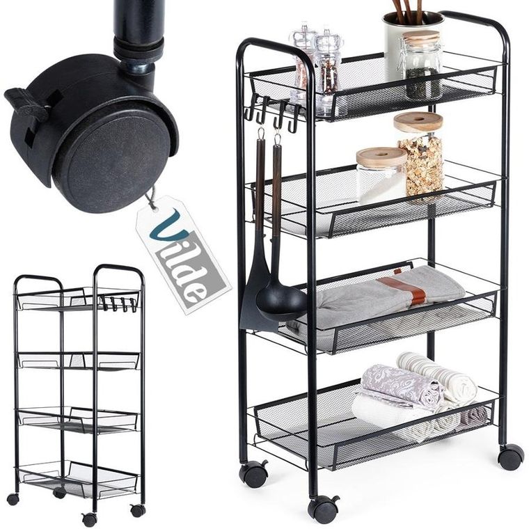 Vilde, wózek do przechowywania, metalowy czarny, 4-poziomowy
