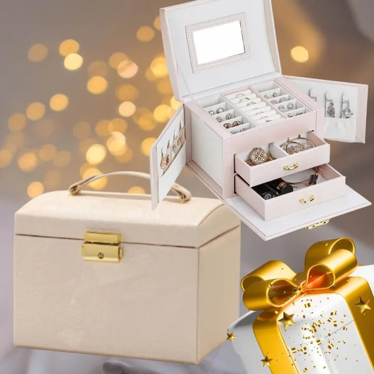 Wielopoziomowy kuferek na biżuterię, Lelani, beżowo-złota, rozmiar L