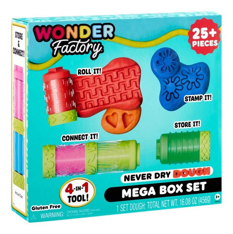 Wonder Factory, Never Dry Dough, Mega Box Set, masa plastyczna z akcesoriami, 25 elementów