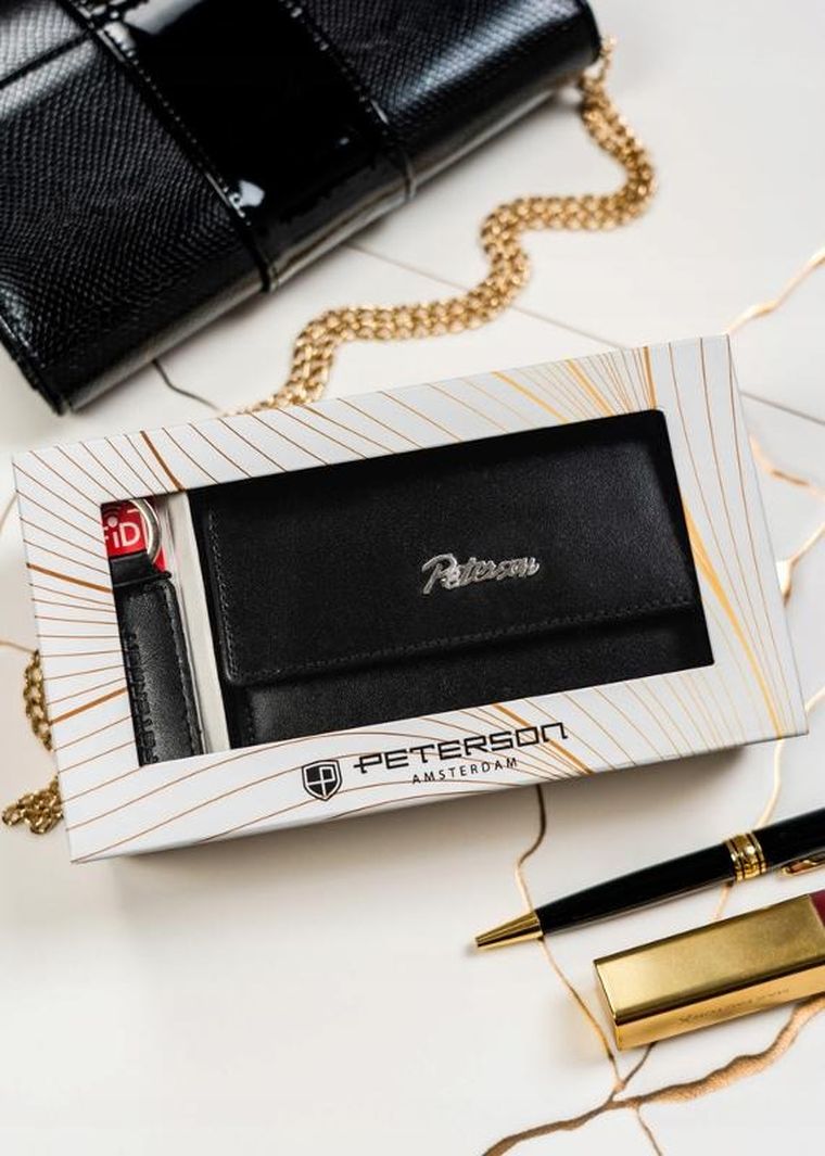 Zestaw: Portfel, Brelok, czarny, skórzany, RFID, Peterson