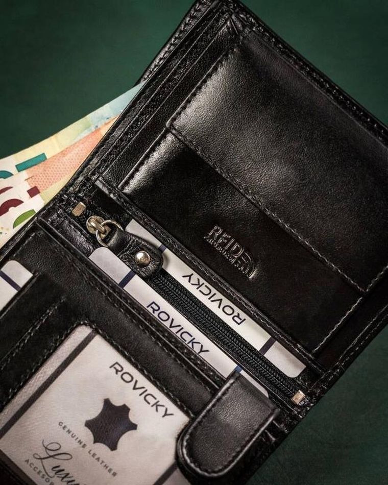 Zestaw: Portfel, Brelok, czarny, skórzany, RFID, Rovicky