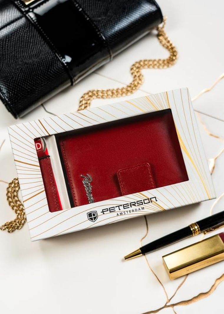 Zestaw: Portfel, Brelok, czerwony, skórzany, RFID, Peterson