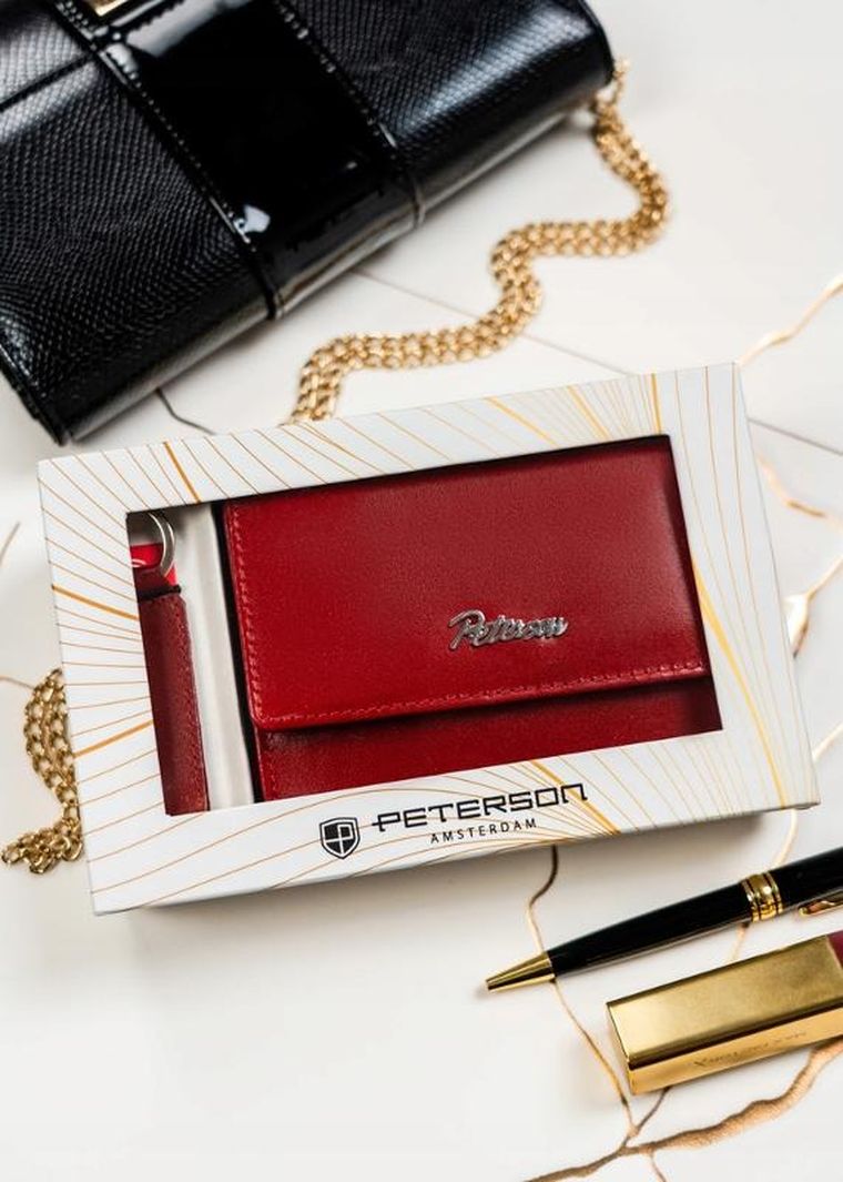 Zestaw: Portfel, Brelok, czerwony, skórzany, RFID, Peterson