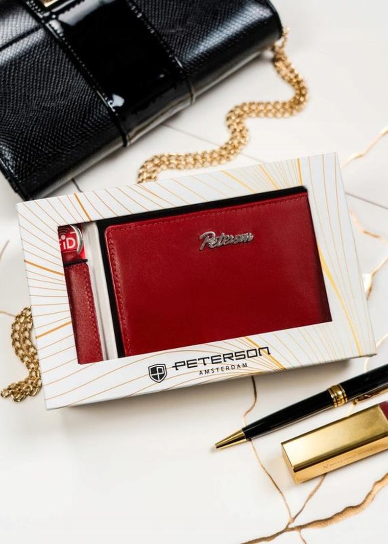 Zestaw: Portfel, Brelok, czerwony, skórzany, RFID, Peterson