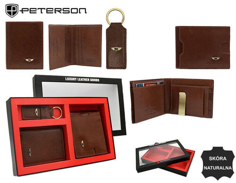 Zestaw: Portfel, Etui na karty, Brelok, brązowy, skórzany, RFID, Peterson