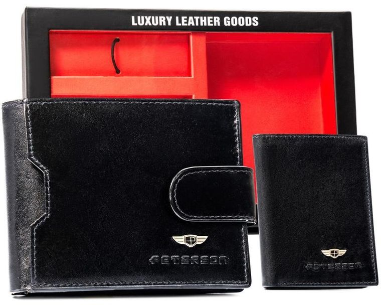 Zestaw: Portfel, Etui na karty, Brelok, czarny, skórzany, RFID, Peterson