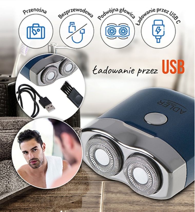 Adler, golarka podróżna 2 głowicowa z USB, AD 2937