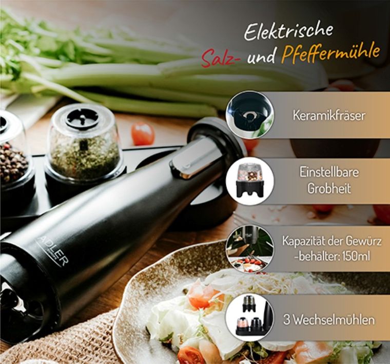 Adler, młynek elektryczny do przypraw, soli i pieprzu, 3w1, AD 4449B