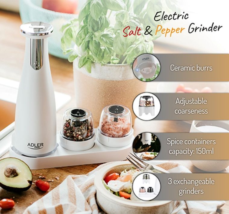 Adler, młynek elektryczny do przypraw, soli i pieprzu, 3w1, AD 4449w