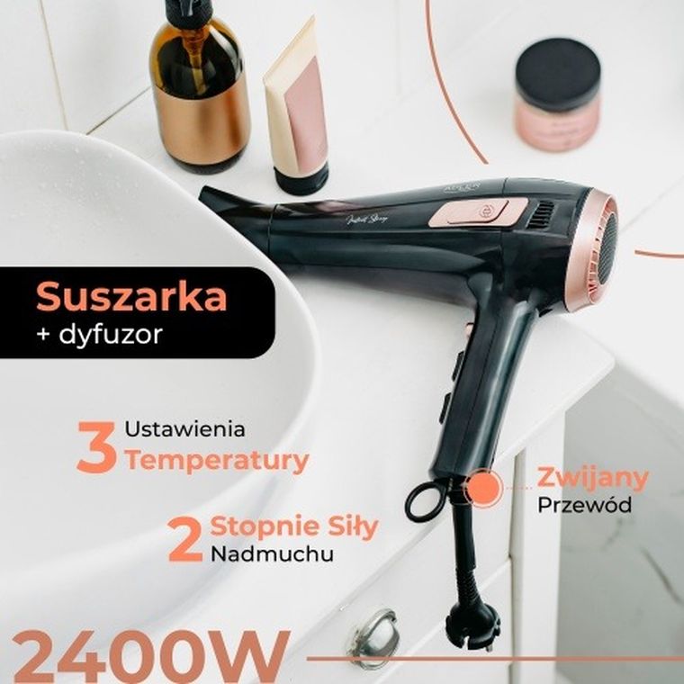 Adler, suszarka ze zwijanym przewodem, z dyfuzorem, 2400W