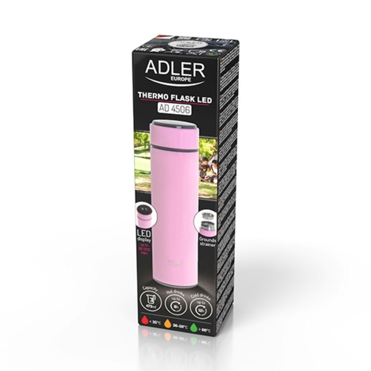 Adler, termos LED, różowy, 473 ml