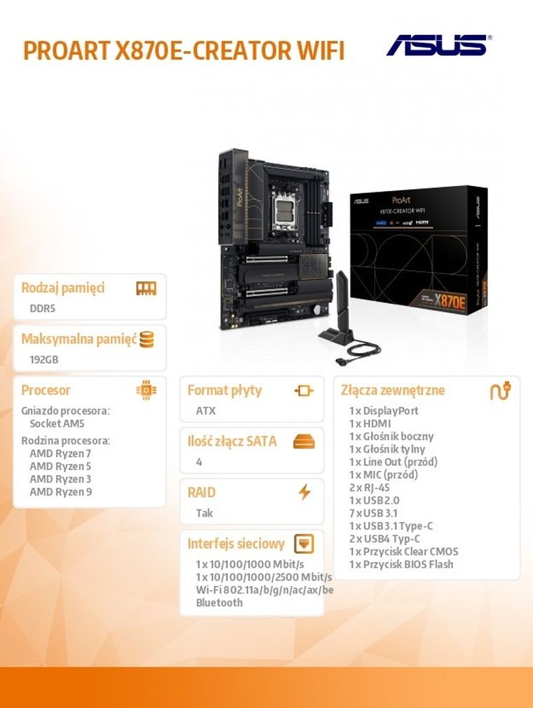 Asus, płyta główna, PROART X870E-CREATOR WI FI AM5 4DDR5 HDMI/USB-C