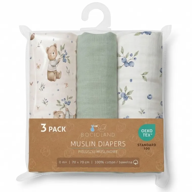 Bocioland, pieluszki muślinowe, zielony, 70-70 cm, 3 szt.