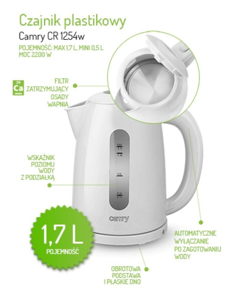 Camry, czajnik plastikowy, 1.7 l