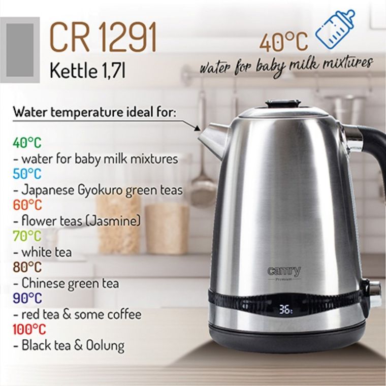 Camry, czajnik stalowy z LCD i regulacją temperatury, CR 1291, 1.7 l
