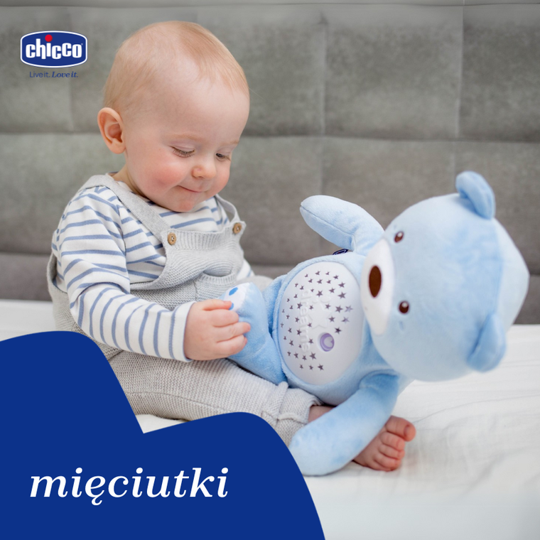 Chicco, First Dreams, Miś z Projektorem, maskotka, uspokajacz z dźwiękami, muzyka klasyczna, niebieski
