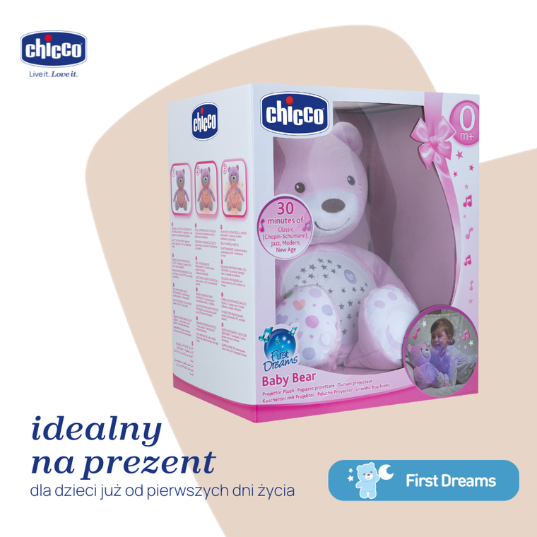 Chicco, First Dreams, Miś z Projektorem, maskotka, uspokajacz z dźwiękami, muzyka klasyczna, różowy
