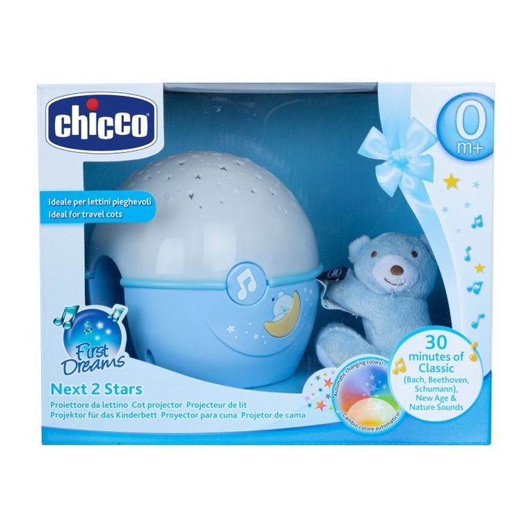 Chicco, First Dreams, Next2stars, projektor na łóżeczko z muzyką klasyczną, uspokajacz, czujnik płaczu, niebieski