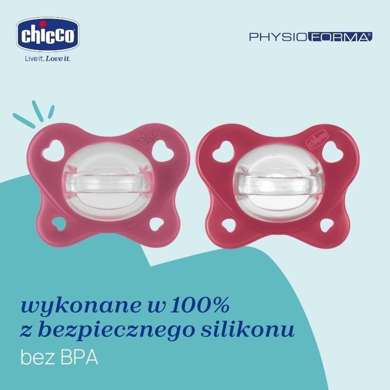 Chicco, PhysioForma Dual Soft, smoczek uspokajający, silikonowy, różowy, 16-36m, 2 szt.