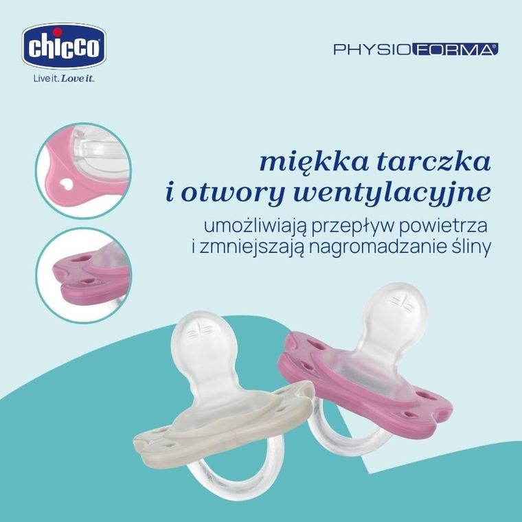 Chicco, PhysioForma Dual Soft, smoczek uspokajający, silikonowy, różowy, 6-16m, 2 szt.