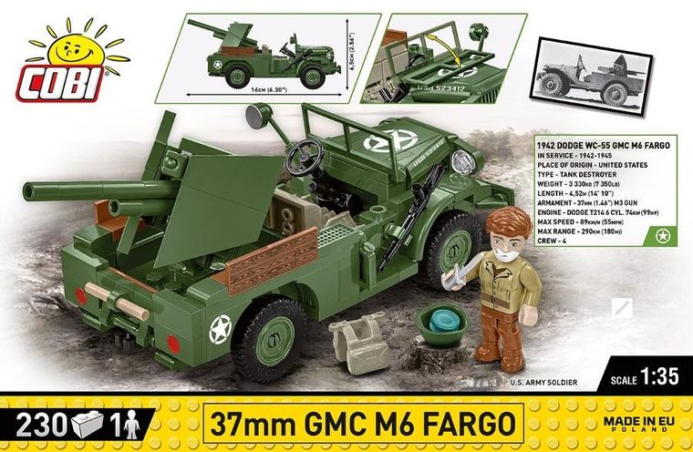 Cobi, Historical Collection WWII, 37 mm GMC M6 Fargo, 1:35, klocki, 230 elementów