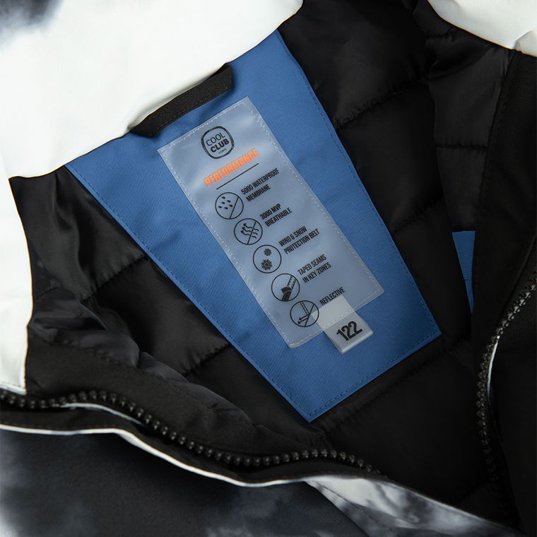 Cool Club, Wodoszczelna kurtka narciarska chłopięca z kapturem, ocieplana, czarno-biała