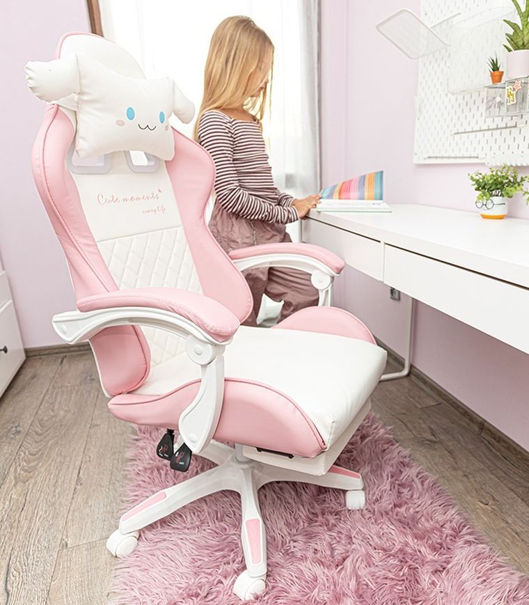 Dziecięcy fotel gamingowy z wysuwanym podnóżkiem, różowy