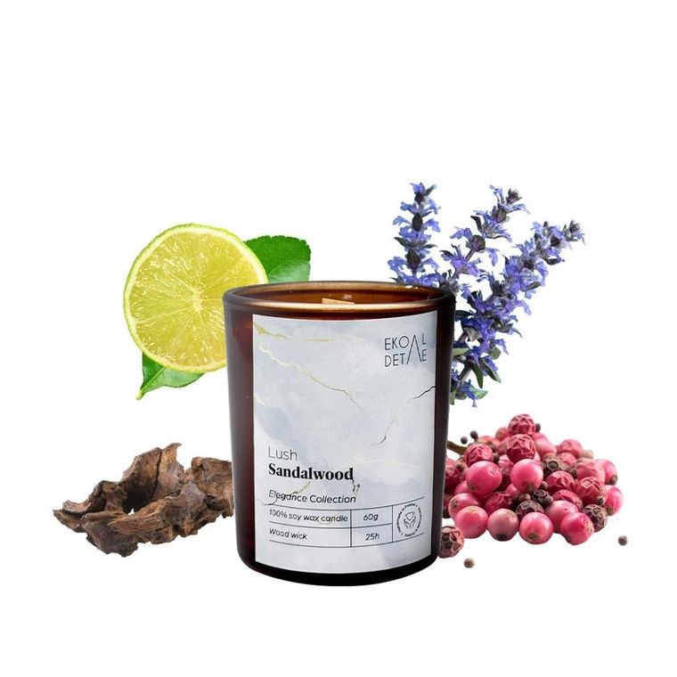 EkoDetale, Elegance, świeca sojowa w szkle, Lush Sandalwood, 60g