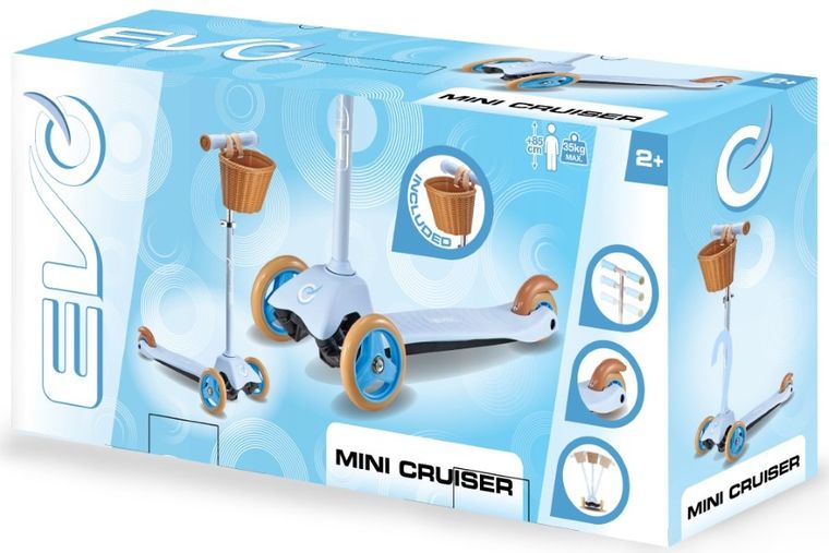 EVO, Mini Cruiser, 3-kołowa hulajnoga z koszyczkiem, błękitna
