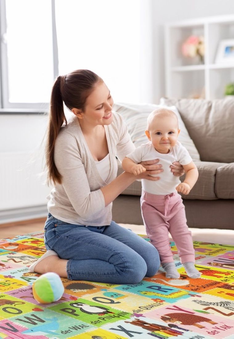 Humbi, dwustronna mata edukacyjna z pianki XPE, alfabet niemiecki i wieś, 180-200 cm