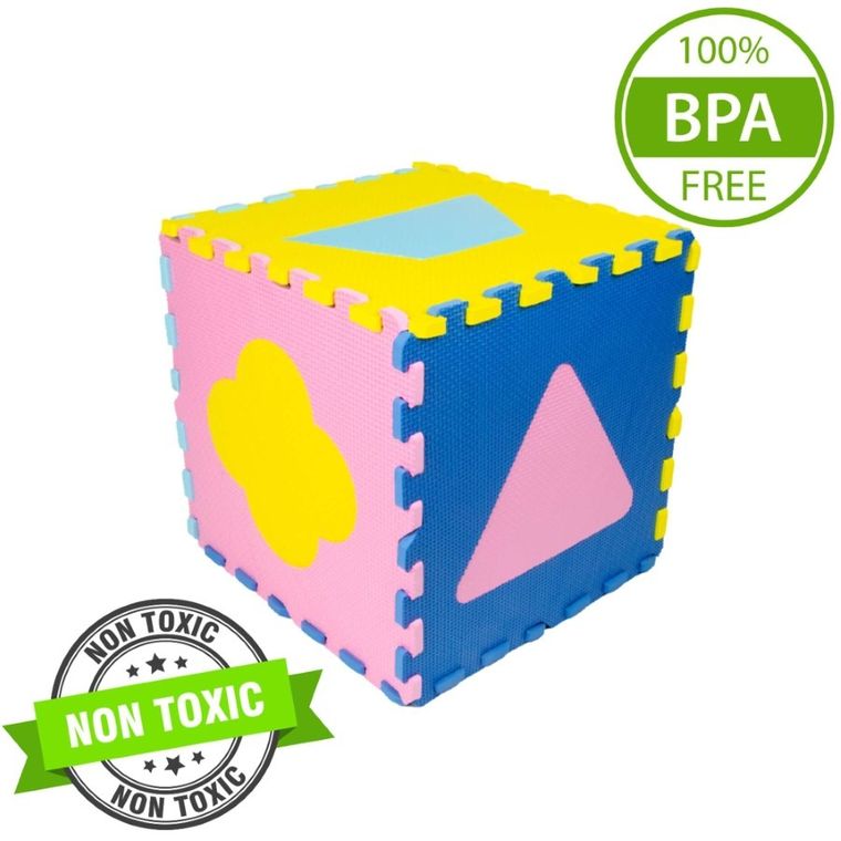 Humbi, mata piankowa, puzzle, kształty, żółty niebieski różowy, 120-120 cm