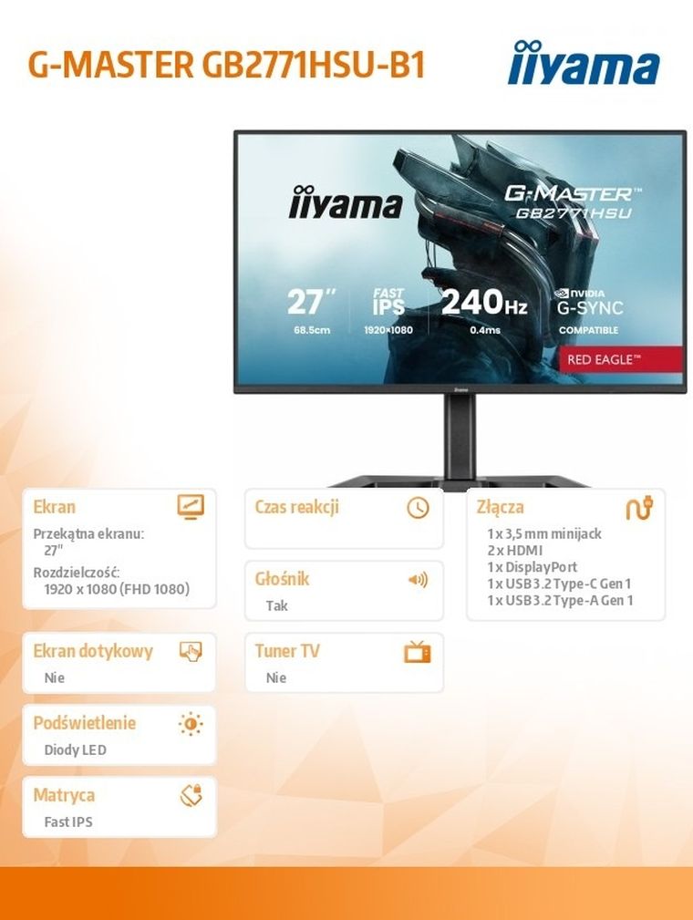 Iiyama, monitor, 27", GB2771HSU-B1, 0,4ms, Fast IPS, 1xUSB 3.2, 1xUSB C, 240Hz