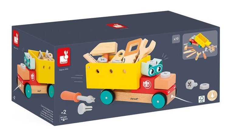 Janod, Brico ‘Kids, ciężarówka do składania, drewniany pojazd do ciągnięcia