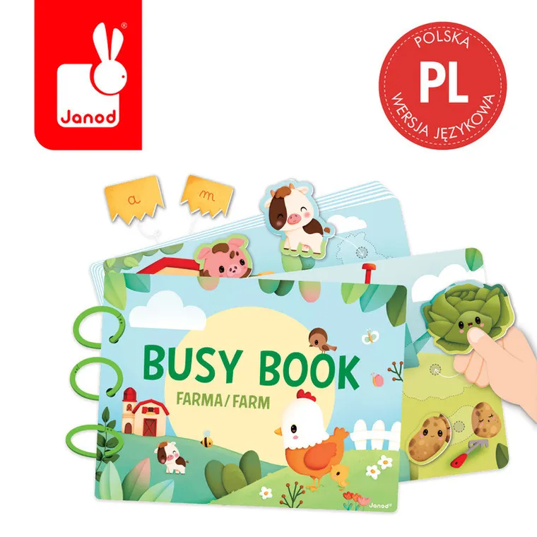 Janod, Busy Book, Farma, książeczka sensoryczna z zadaniami