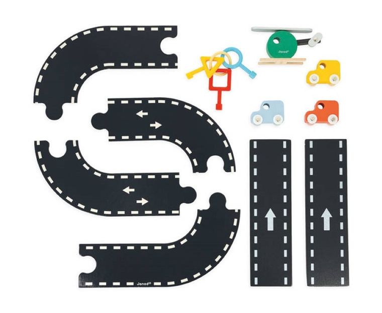 Janod, drewniany garaż piętrowy, zestaw z akcesoriami