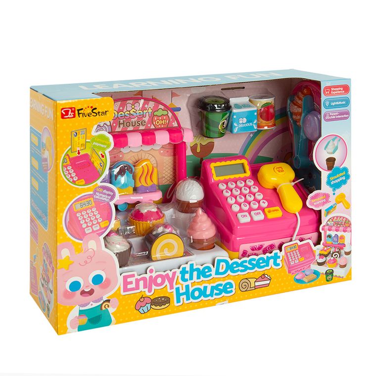 Kasa fiskalna z akcesoriami, światło i dźwięk, różowa