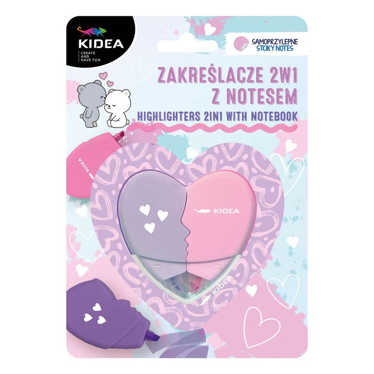 Kidea, zakreślacze z notesem, serce, 2w1