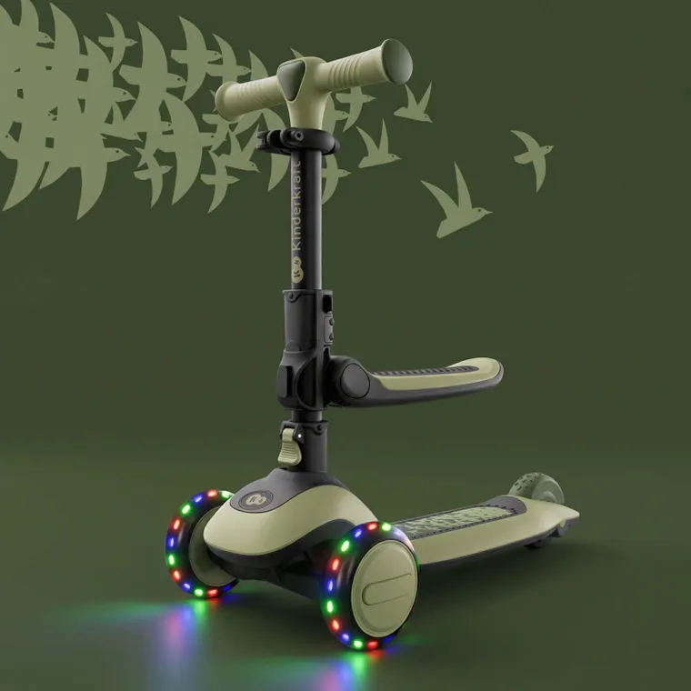 Kinderkraft, Halley 2, hulajnoga 3-kołowa, balansowa 2w1, LED, Grassland Green