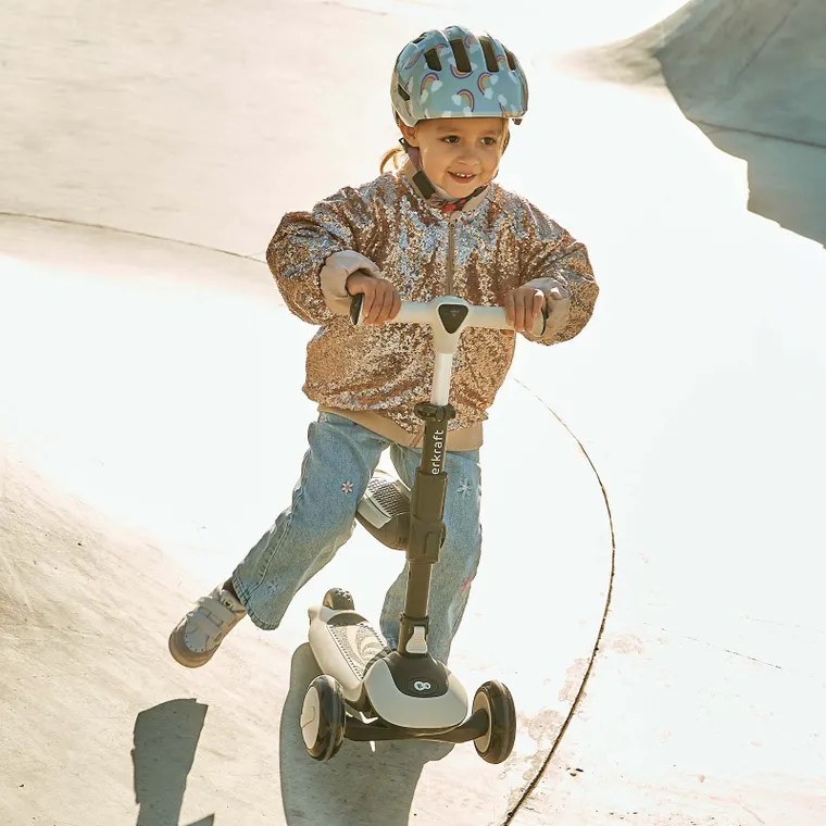 Kinderkraft, Halley 2, hulajnoga 3-kołowa, balansowa 2w1, LED, Stone White