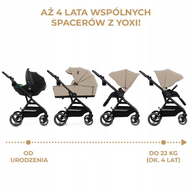 Kinderkraft, Yoxi, Mink Pro, wózek wielofunkcyjny 3in1, Sand Beige
