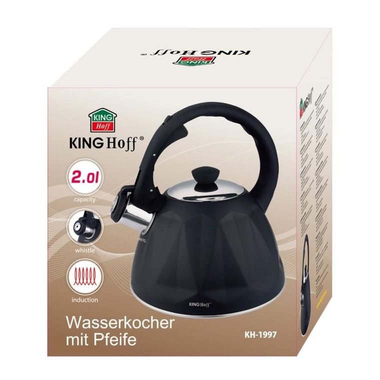 Kinghoff, czajnik z gwizdkiem, czarny mat, 2l, kh-1997