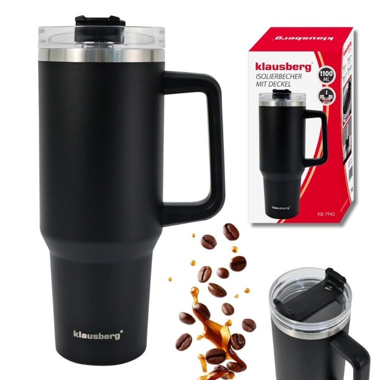 Klausberg, kubek termiczny, z rączką i słomką, stalowy, 1100 ml, kb-7942