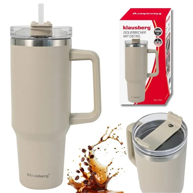 Klausberg, kubek termiczny, z rączką i słomką, stalowy, 1100 ml, kb-7944
