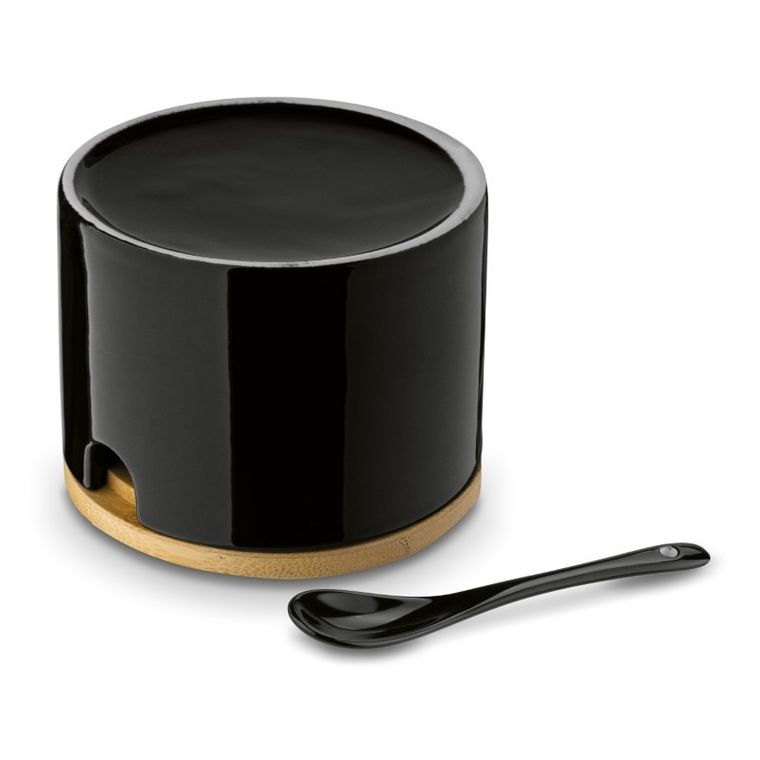 Könighoffer, cukiernica z łyżeczką i bambusową pokrywką, porcelanowa, czarna, 350 ml