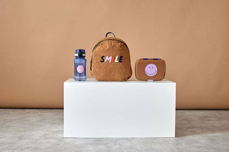 Lassig, Little Gang, Smile, zestaw na lunch: lunchbox + tritanowa butelka 460 ml, caramel/blue